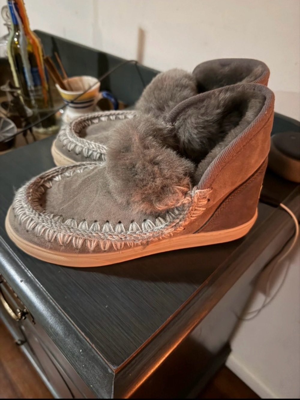 Mou Gray Suede Faux-Fur Wedge Moccasin Slippers